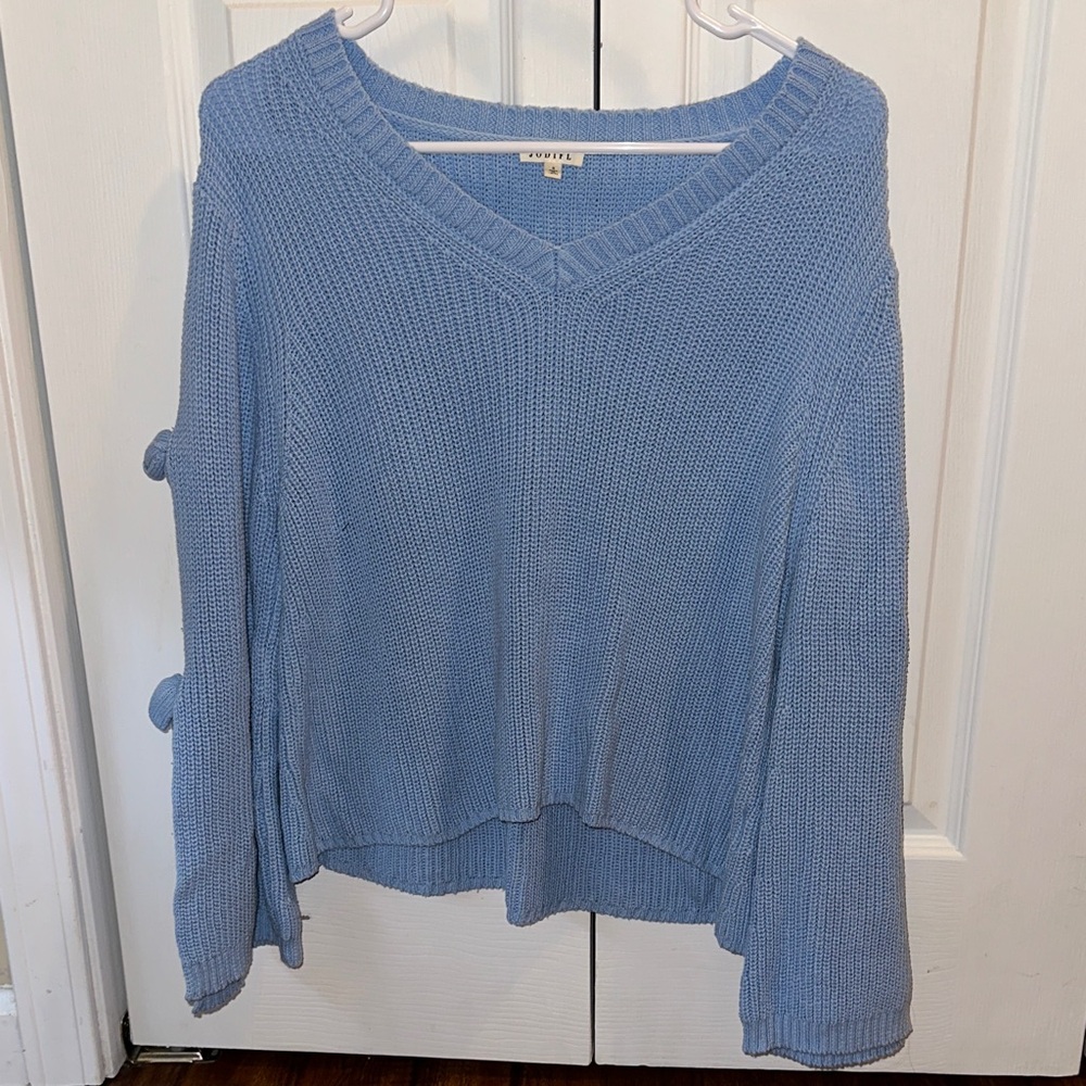 Blue V-Neck Sweater with Bow Sleeves